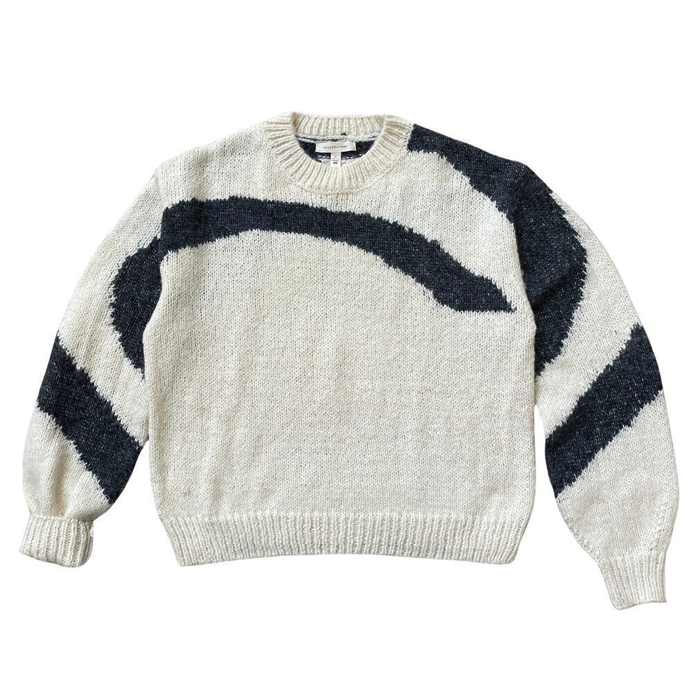 Grade & Gather M Fuzzy Knit Sweater | Cream Black Abstract Striped Pullover Soft